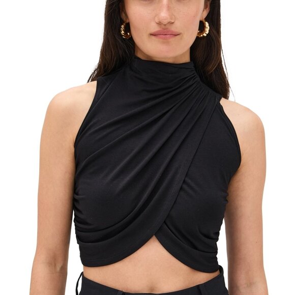 NWT Womens Le Bop Mel Black Sleeveless Draped Mock Neck Cropped Tank Top S - Picture 1 of 9